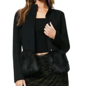 Ramy Brook Dress Coat Addison Wool Black Jacket Faux Fur Size Medium Flawless